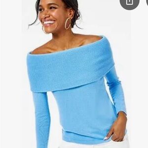 Lily Pulitzer’s blue off the shoulder sweater
